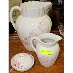 VINTAGE ENGLISH SMALL PITCHER, LARGE PITCHER AND