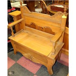 VINTAGE WOOD CARVED HALL BENCH WITH STORAGE