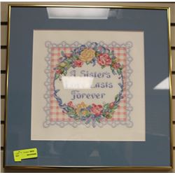 FRAMED 'A SISTERS LOVE LASTS FOREVER' PETIT POINT