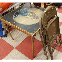 VINTAGE FOLDING CARD TABLE WITH 2 METAL CHAIRS