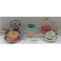 FLAT WITH PINWHEEL CRYSTAL BOWL AND ASSORTED CHINA