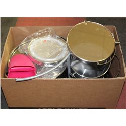 BOX OF KITCHEN, NEW SILICONE OVEN MITTS, NEW POT