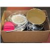 Image 1 : BOX OF KITCHEN, NEW SILICONE OVEN MITTS, NEW POT