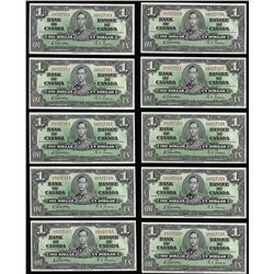 (10) Consecutive 1937 $1 Bank of Canada Notes AU/CU