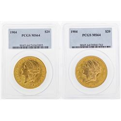 Lot of (2) 1904 $20 Liberty Head Double Eagle Gold Coins PCGS MS64