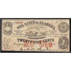 1863 Twenty-Five Cents The State of Alabama Obsolete Note