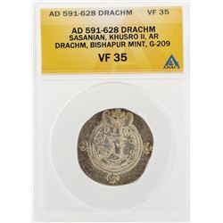 AD 591-628 Drachm Sasanian Khusro II AR Drachm Bishapur Mint G-209 Coin ANACS VF