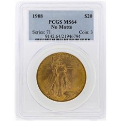 1908 NM $20 St. Gaudens Double Eagle Gold Coin PCGS MS64