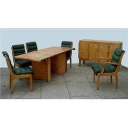 An Art Deco burr-walnut and birdseye-maple dining suite, probably by Epstein, comprising: an exte...