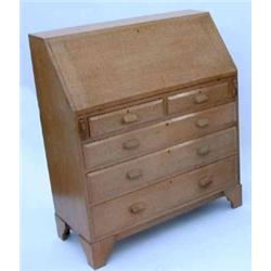 A Cotswold School Peter Waals English oak bureau having natural fine-flecked grain, the fall-fron...