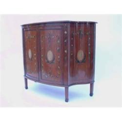 A late Victorian Sheraton revival satinwood side cabinet, painted and decorated with classical me...