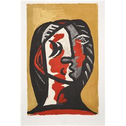 Pablo Picasso, Tete de Femme en Gris et Rouge sur Fond Ochre, Lithograph