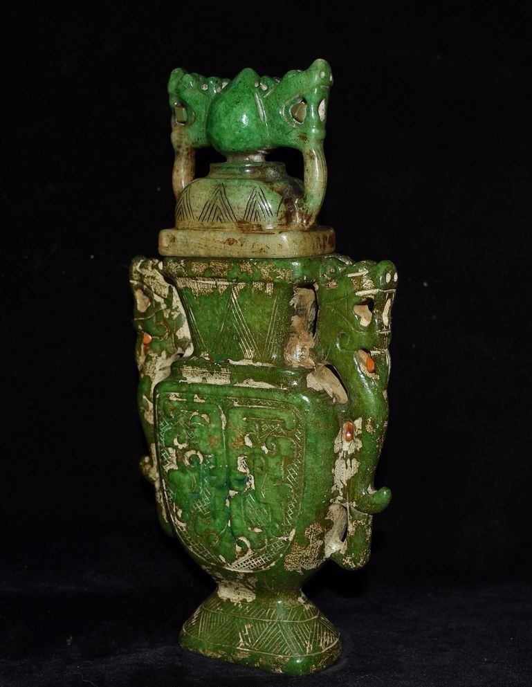Antique Chinese Jade HandCarved Dragon Vase
