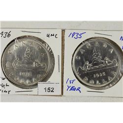 1935 UNC & 1936 AU CANADA SILVER DOLLARS