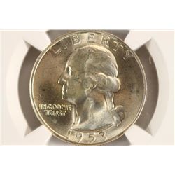 1953-S WASHINGTON SILVER QUARTER NGC UNC DETAILS