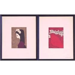 Kauru Kawano (1916-1965) Japanese, YOUNG GIRLS, two color woodblock prints, image 6 x 4", full...