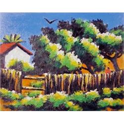Dan Lutz (1906-1978) Californian, LANDSCAPE IN ORANGE, oil painting on canvas, 23 1/2 x 29 1/2"...
