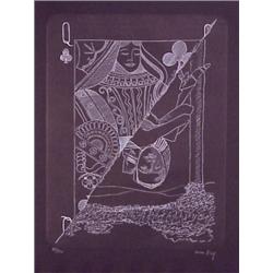Man Ray (1890-1976) American, QUEEN OF CLUBS, etching, printed in white on black paper, signed...
