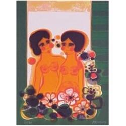 Fredrick Menguy (b. 1927) French, TWO GIRLS, color lithograph, signed in pencil, the numbered e...