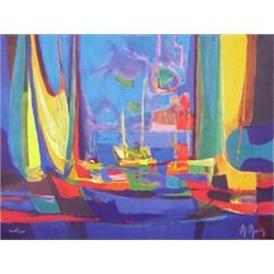 Marcel Mouly (1918-) French, EVENING SAILS, embossed color lithograph, signed in pencil, the nu...