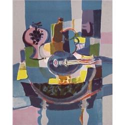 Marcel Mouly (1918-) French, STILL LIFE WITH GUITAR, color lithograph, signed in pencil, the nu...