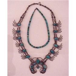 Navajo Jewelry, Navajo Squash Blossom necklace, a 27" inch turquoise and silver necklace with h...