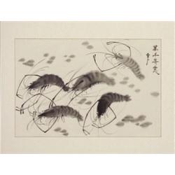 Oriental School (20th Century), SHRIMP, sumi ink drawing on silk, 10 x 14 1/2", signed, framed...