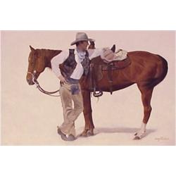 Dary Poulin (20th Century) American, COWBOY WITH HORSE, acrylic painting on canvas, 32 x 48", s...