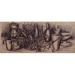 Franz Priking (1927-1979) German, STILL LIFE, 1957, charcoal drawing on paper, 24 x 57", framed...