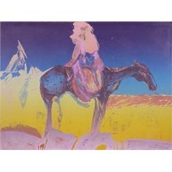 Veloy Vigil (b. 1931) American, ON HORSEBACK, color lithograph, signed in pencil, the numbered...