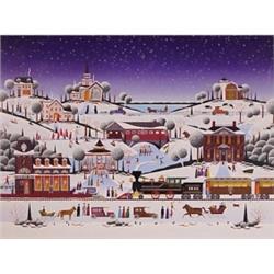 Nubuo Watanabe (20th Century) Japanese, CHRISTMAS TRAIN, color screenprint, signed in pencil, t...