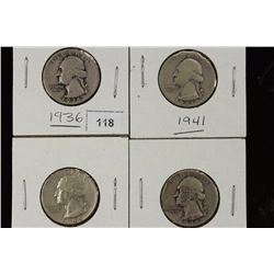1936,41,44 & 46-D WASHINGTON SILVER QUARTERS
