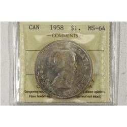 1958 CANADA SILVER DOLLAR ICCS MS64