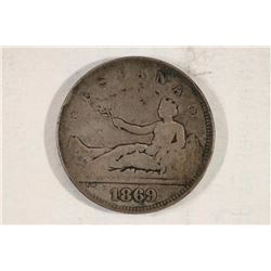 1869 SNM SPAIN SILVER 2 PESETAS