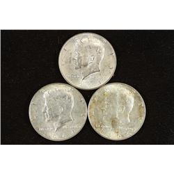 3 ASSORTED 90% SILVER KENNEDY HALF DOLLARS