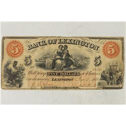 1860 BANK OF LEXINGTON $5 OBSOLETE BANK NOTE