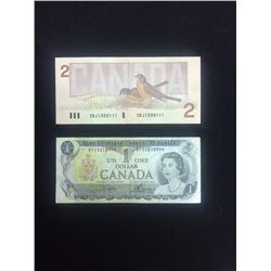 1973 UNCIRCULATED UNIQUE SERIAL NUMBERED ONE & TWO DOLLAR CANADIAN BANK NOTES