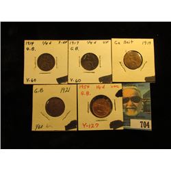 1914 Fine, 1917 VF, 1919 Red-Brown Unc, 1921 Brown AU, & 1954 Red-Unc Great Britain Farthings.