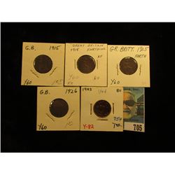 1915 Fine, 1918 EF, 1925 EF, 1926 VF, & 1943 Choice Red AU Great Britain Farthings.