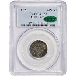 1652 Massachusetts Oak Tree Sixpence. Noe-20 (R.6). AU53 PCGS. CAC.