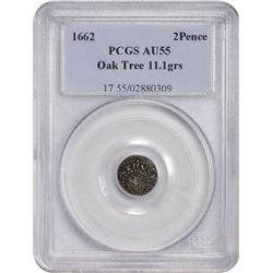 1662 Massachusetts Oak Tree Silver Twopence. Small 2 in Date. Noe-30 (R-4). AU55 PCGS.