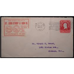 Paper envelope 6 ¼” X 3 ¼” postmarked DEC 14/6 30 P M 1907 ST. LOUIS, MO. With cancelled U. S. Two C