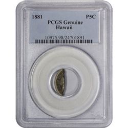 1881 Five-Cents. Hawaiian Nickel. Genuine – PCGS.