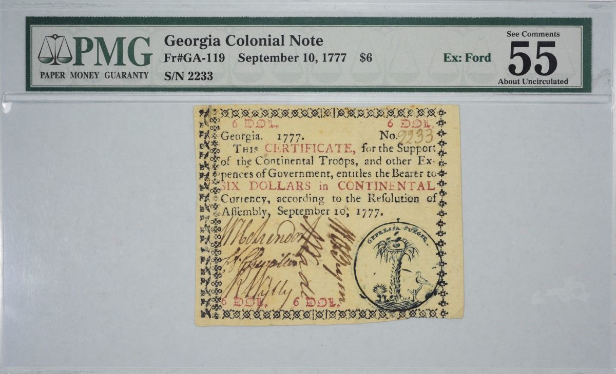 GA-119. September 10, 1777. $6 Colonial Note. PMG About Uncirculated 55.