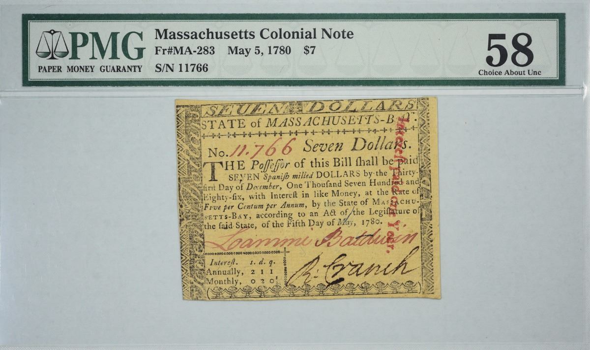 MA-283. May 5, 1780. $7 Colonial Note. PMG Choice About Uncirculated 58.