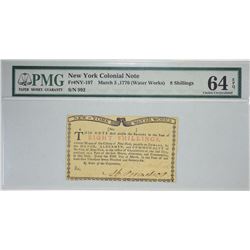 NY-197. March 6, 1776. Water Works. 8 Shillings Colonial Note. PMG Choice Uncirculated 64 EPQ.