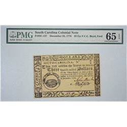 SC-137. December 23, 1776. $3 Colonial Note. PMG Gem Uncirculated 65 EPQ. Remainder.