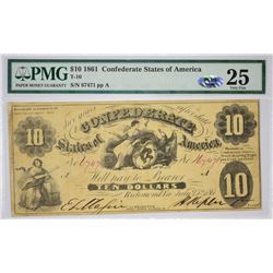 T-10, PF-16. 1861 $10 Confederate Note. PMG Very Fine 25.