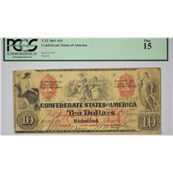 T-22, PF-1. 1861 $10 Confederate Note. PCGS Fine 15.