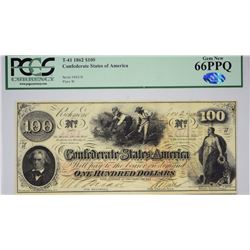 T-41, PF-12. 1862 $100 Confederate Note. PCGS Gem New 66 PPQ.
